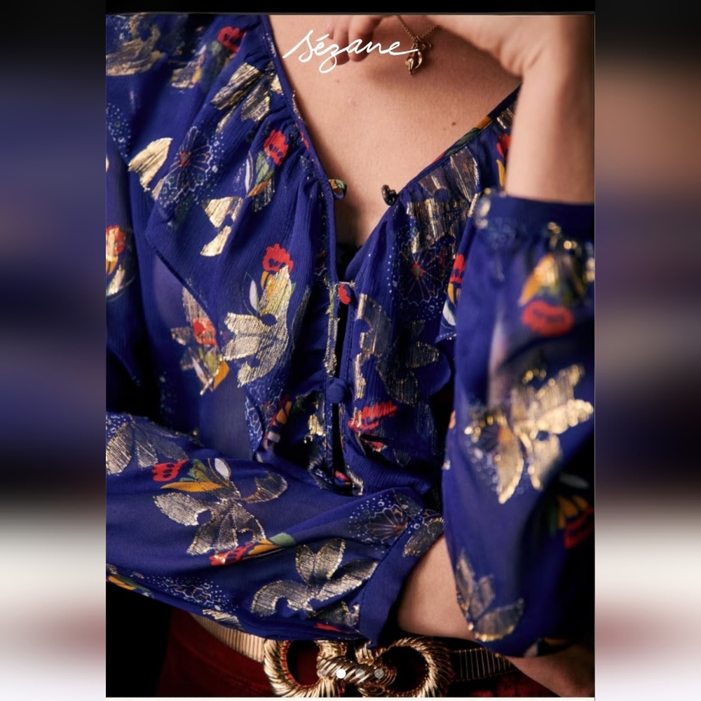 SÉZANE PRISCILLE Ruffle Neck Silk Electric Blue Floral Lurex Blouse 34 NWOT - Picture 3 of 14